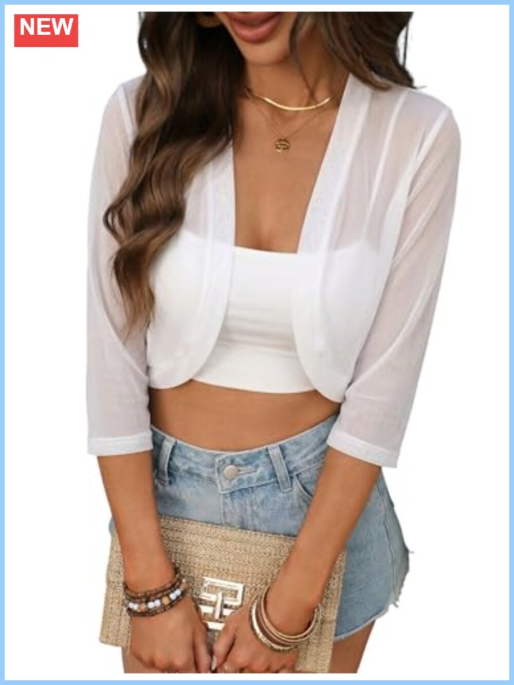 Shrug Cardigan 3/4 Sleeve Open Front Bolero Lightweight Knit Cropped